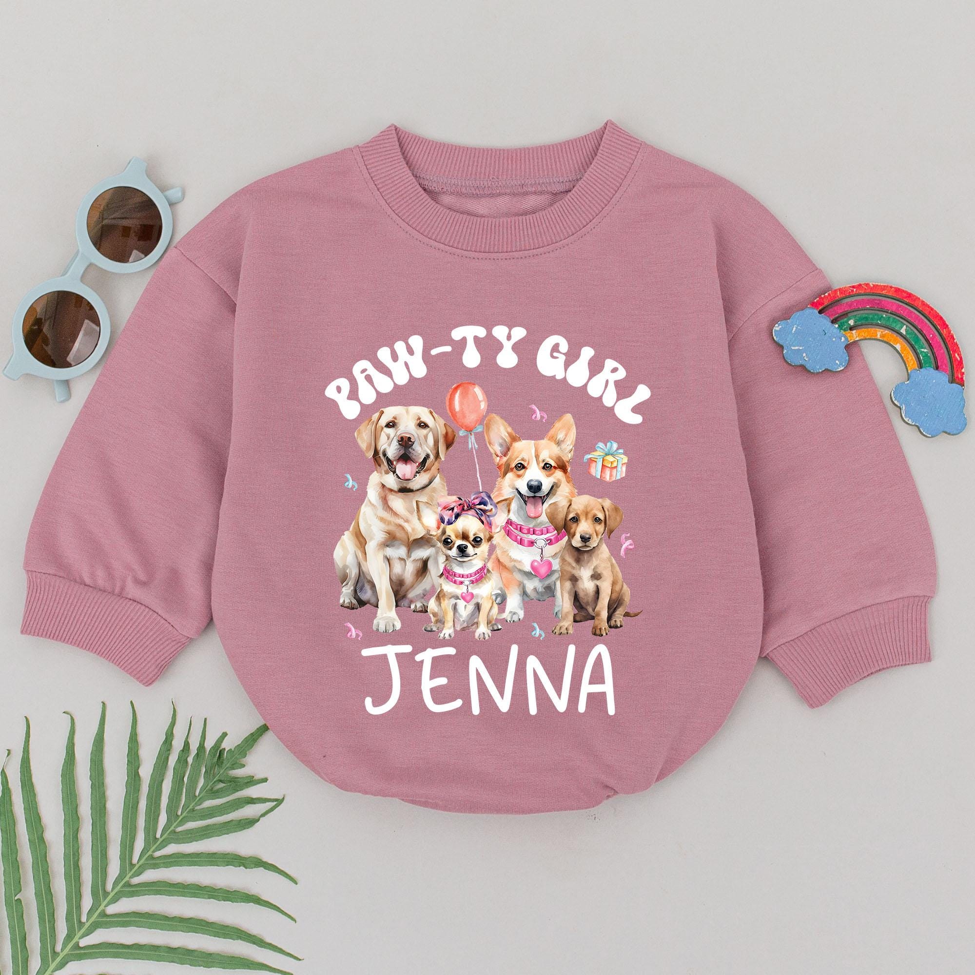 Custom Paw-ty Girl Romper with Colorful Puppies Birthday Outfit Infant Baby Girl First Celebration Gift Soft Cotton