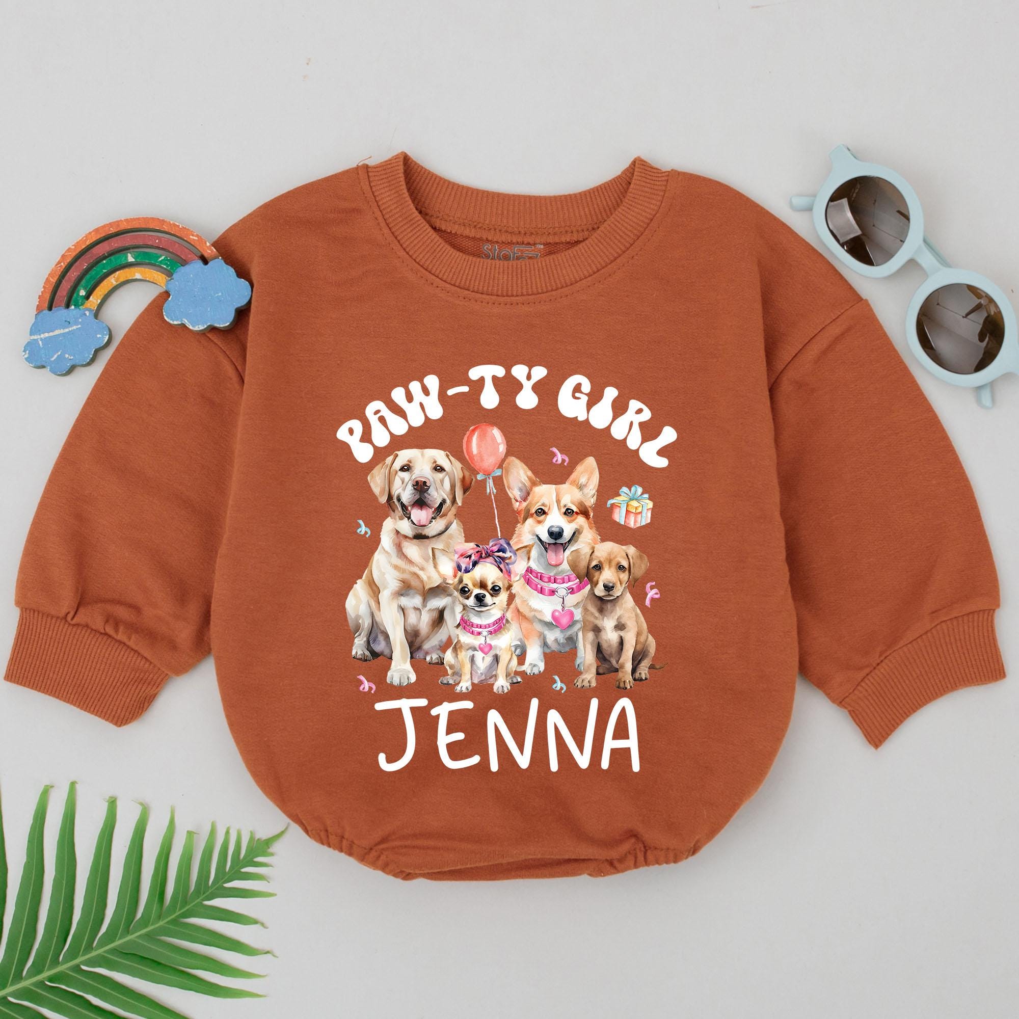Custom Paw-ty Girl Romper with Colorful Puppies Birthday Outfit Infant Baby Girl First Celebration Gift Soft Cotton