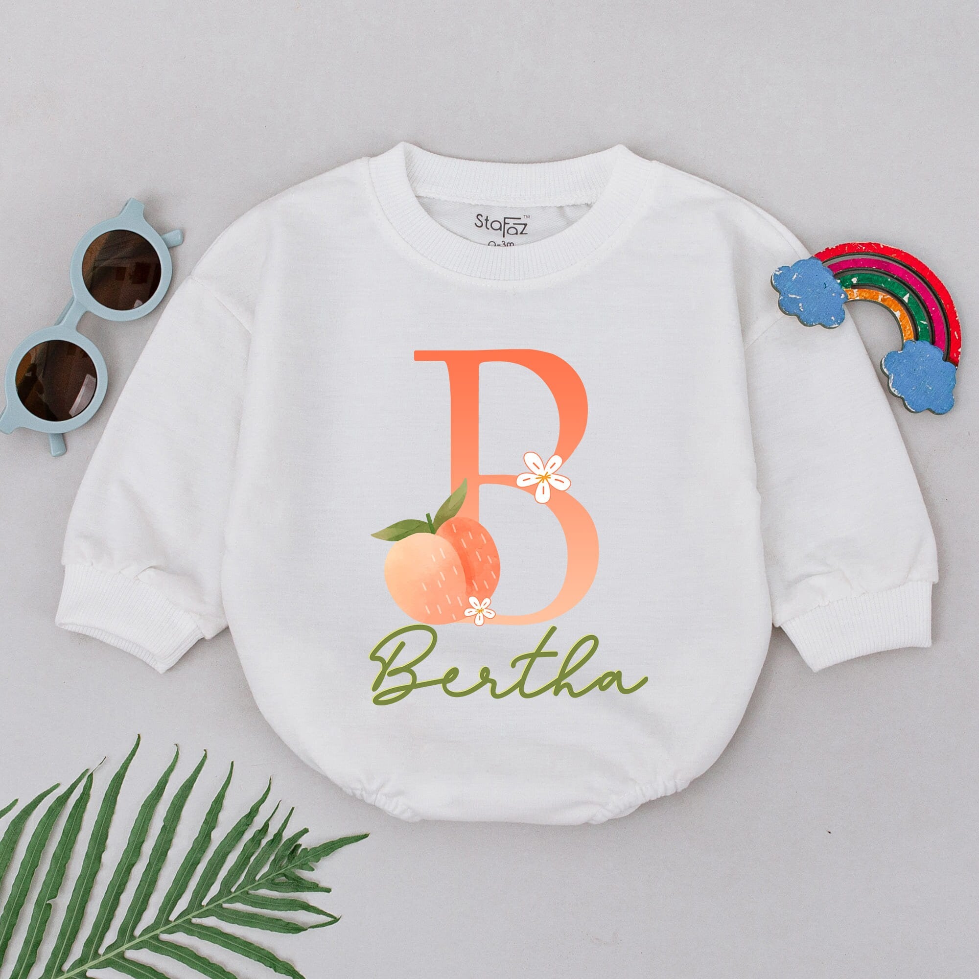 Custom Peach Baby Romper with Orange Letter and Floral Design Perfect for First Birthday Girl Soft Cotton Celebration Outfit Gift