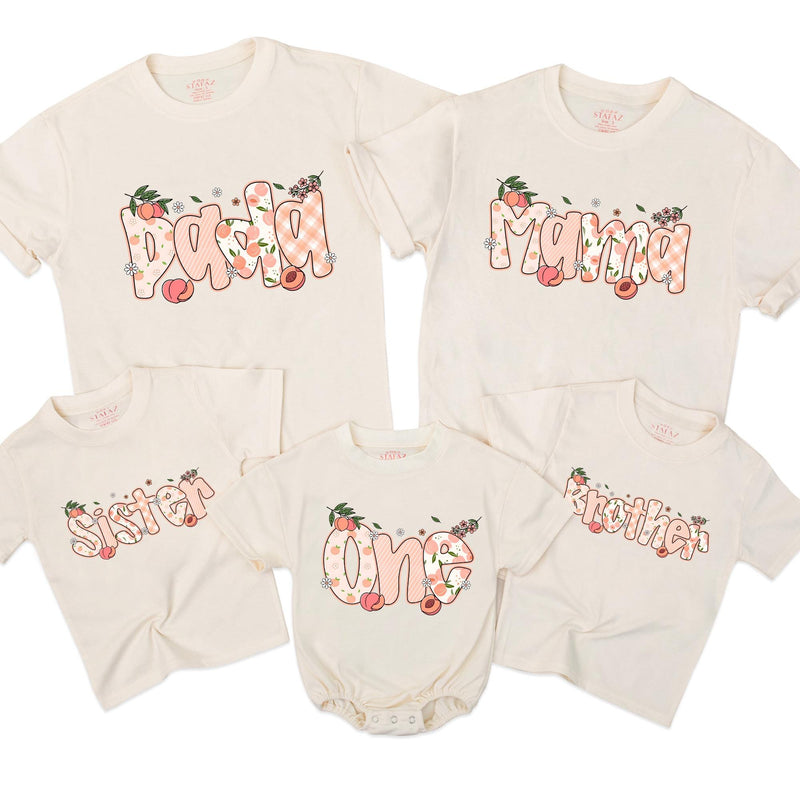 Custom Peach-Themed Matching Family Shirts for Baby's First Birthday, Soft Cotton Outfits for Mom, Dad, Siblings, and Toddlers