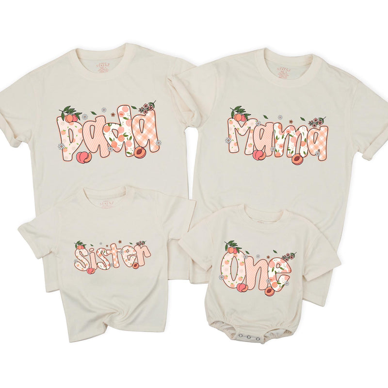 Custom Peach-Themed Matching Family Shirts for Baby's First Birthday, Soft Cotton Outfits for Mom, Dad, Siblings, and Toddlers