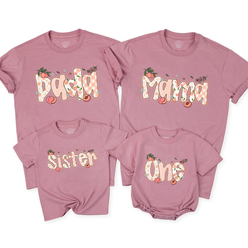 Custom Peach-Themed Matching Family Shirts for Baby's First Birthday, Soft Cotton Outfits for Mom, Dad, Siblings, and Toddlers