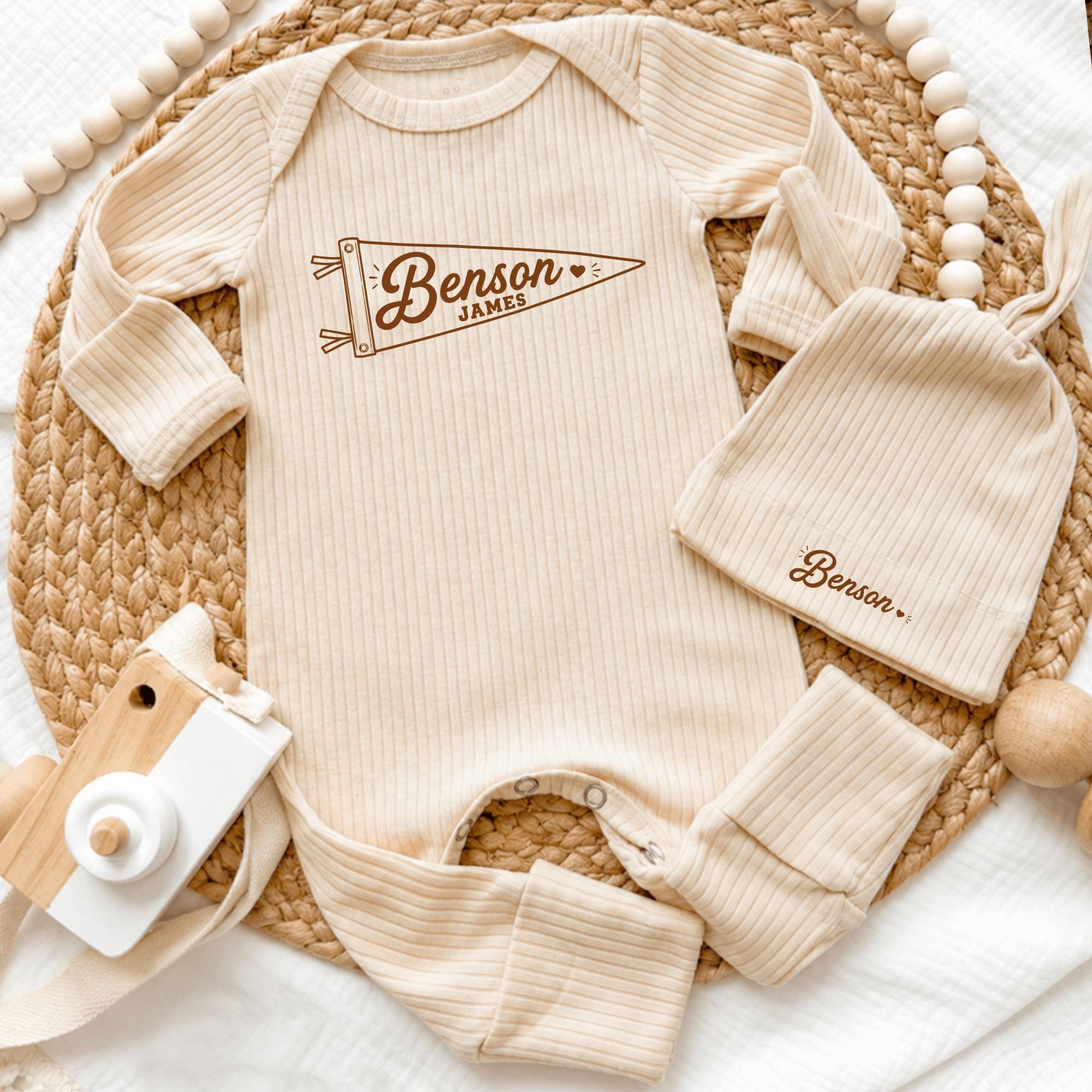 Custom Pennant Newborn Bodysuit & Hat Set - Beige Ribbed Cotton Outfit with Baby's Name, Perfect Coming Home or Baby Shower Gift