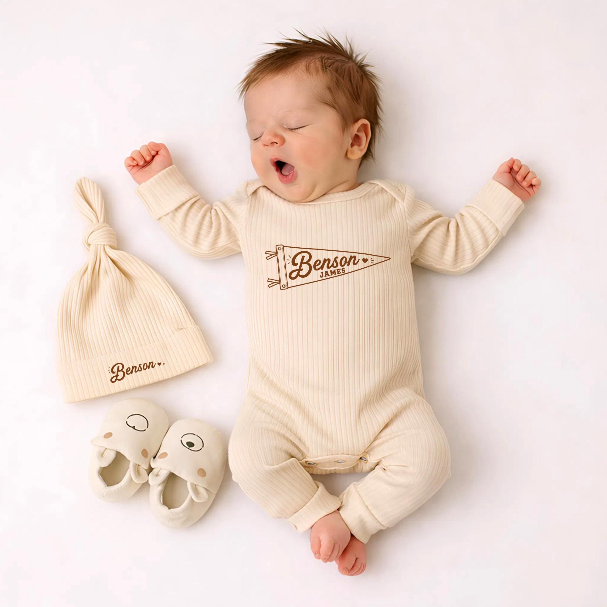 Custom Pennant Newborn Bodysuit & Hat Set - Beige Ribbed Cotton Outfit with Baby's Name, Perfect Coming Home or Baby Shower Gift