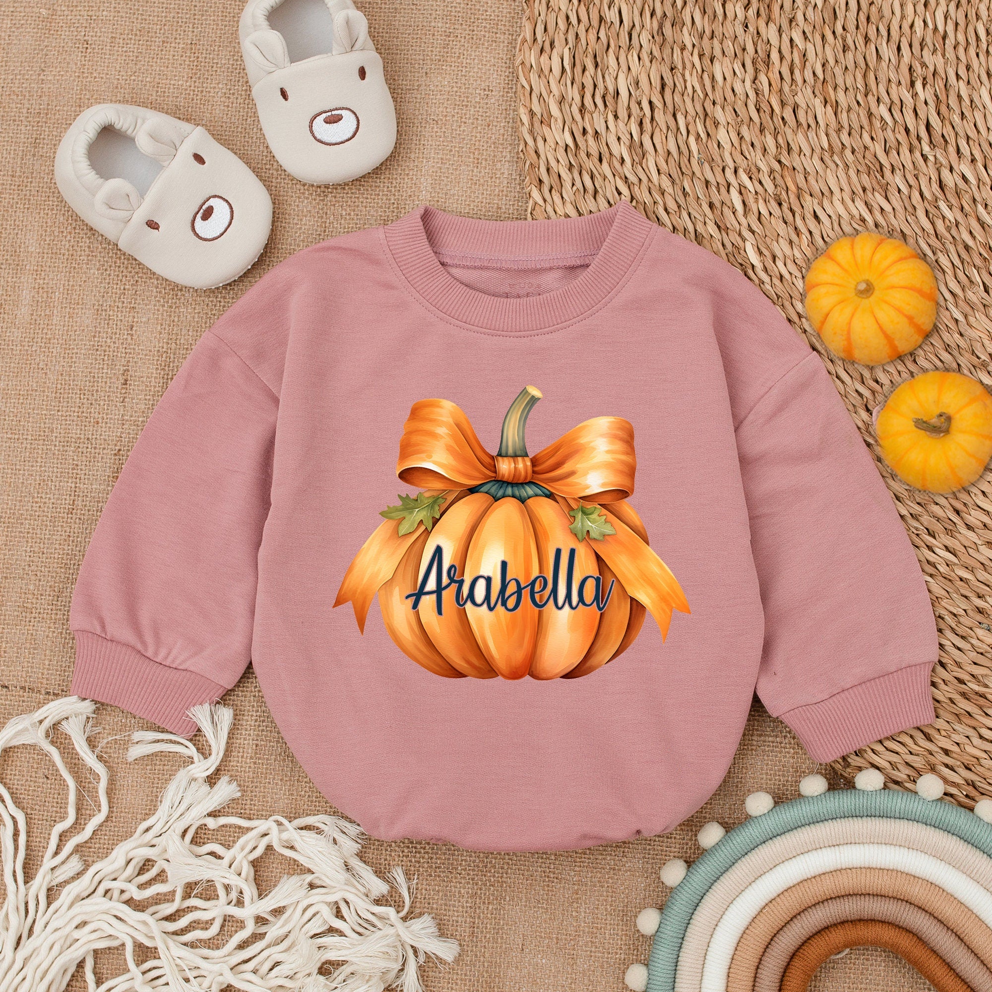 Custom Personalized Pumpkin Bow Romper for Baby's First Thanksgiving Festive Outfit with Name Arabella Autumn Holiday Newborn Clothes
