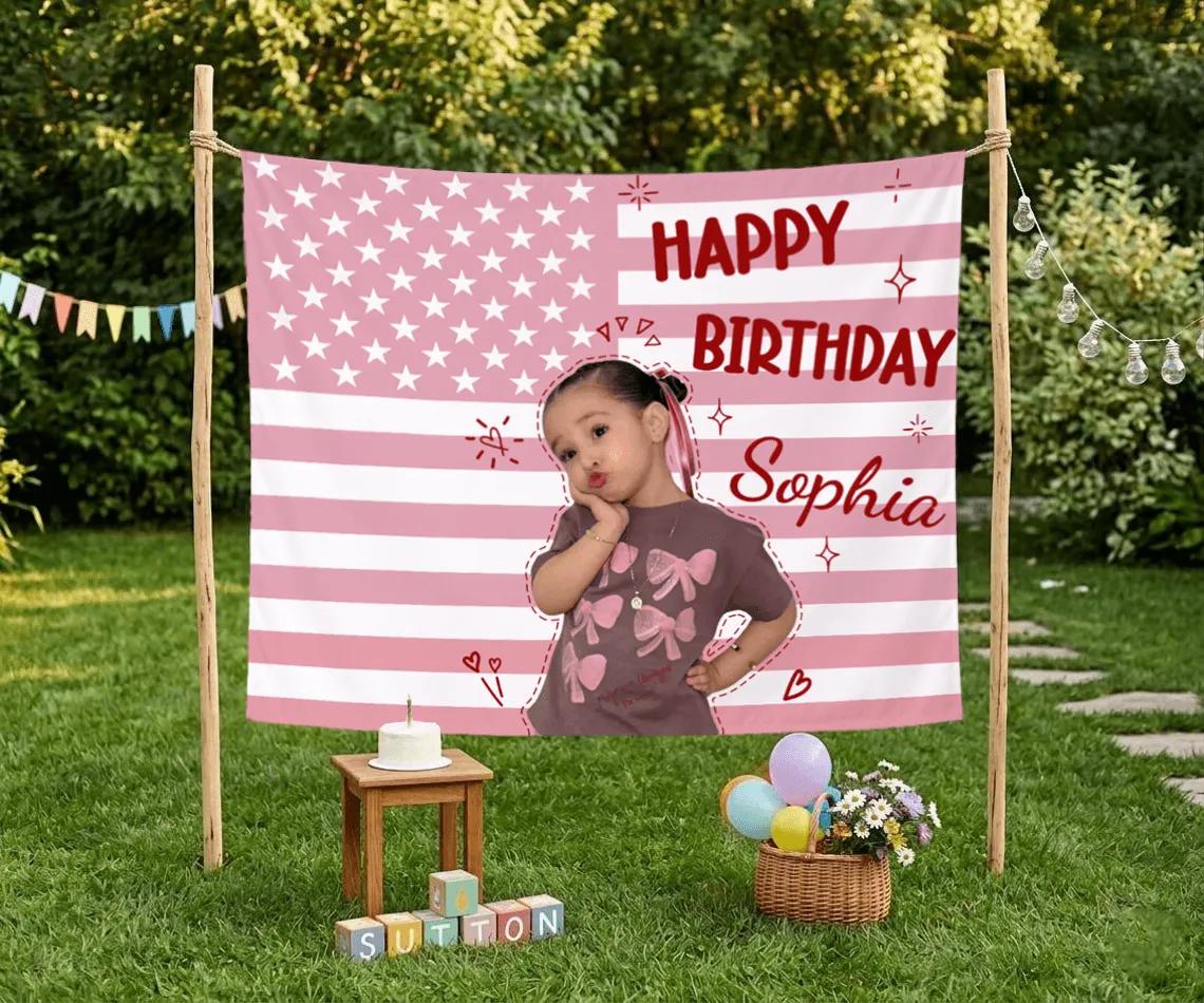 Custom Pink American Flag Birthday Banner for Baby Girls with Photo and Name Personalized Party Backdrop Cute Festive Design