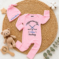 Custom Pink Baby Bodysuit and Hat Set with 'Apparently I Like Hockey' Quote, Soft Cotton Newborn Outfit for Baby Shower or Coming Home