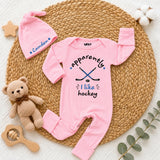 Custom Pink Baby Bodysuit and Hat Set with 'Apparently I Like Hockey' Quote, Soft Cotton Newborn Outfit for Baby Shower or Coming Home