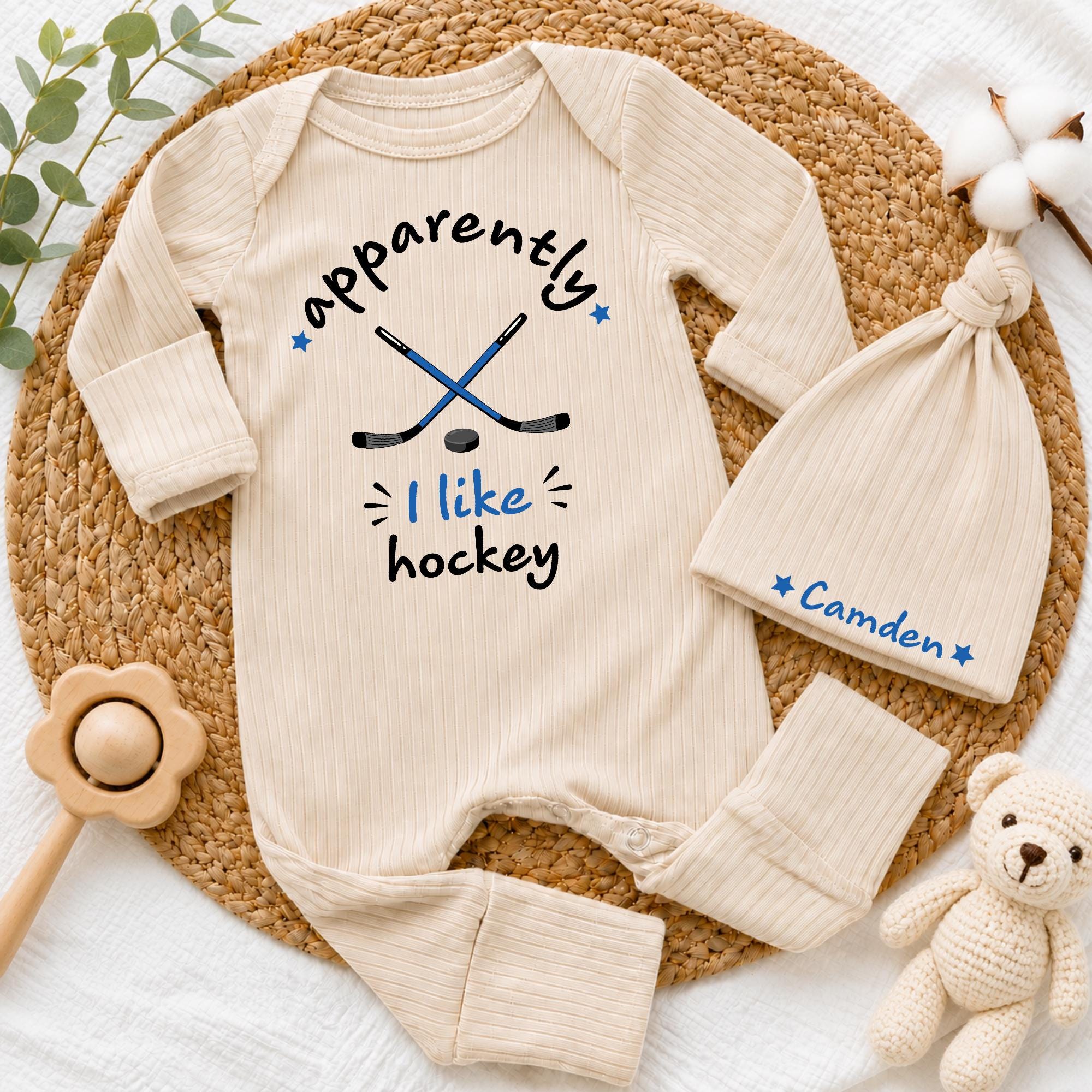 Custom Pink Baby Bodysuit and Hat Set with 'Apparently I Like Hockey' Quote, Soft Cotton Newborn Outfit for Baby Shower or Coming Home