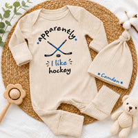 Custom Pink Baby Bodysuit and Hat Set with 'Apparently I Like Hockey' Quote, Soft Cotton Newborn Outfit for Baby Shower or Coming Home