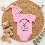 Custom Pink Baby Bodysuit and Hat Set with 'Apparently I Like Hockey' Quote, Soft Cotton Newborn Outfit for Baby Shower or Coming Home