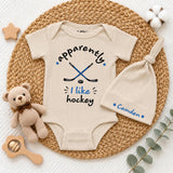 Custom Pink Baby Bodysuit and Hat Set with 'Apparently I Like Hockey' Quote, Soft Cotton Newborn Outfit for Baby Shower or Coming Home