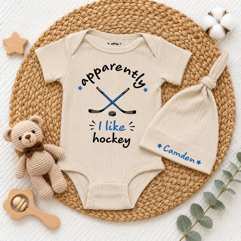 Custom Pink Baby Bodysuit and Hat Set with 'Apparently I Like Hockey' Quote, Soft Cotton Newborn Outfit for Baby Shower or Coming Home