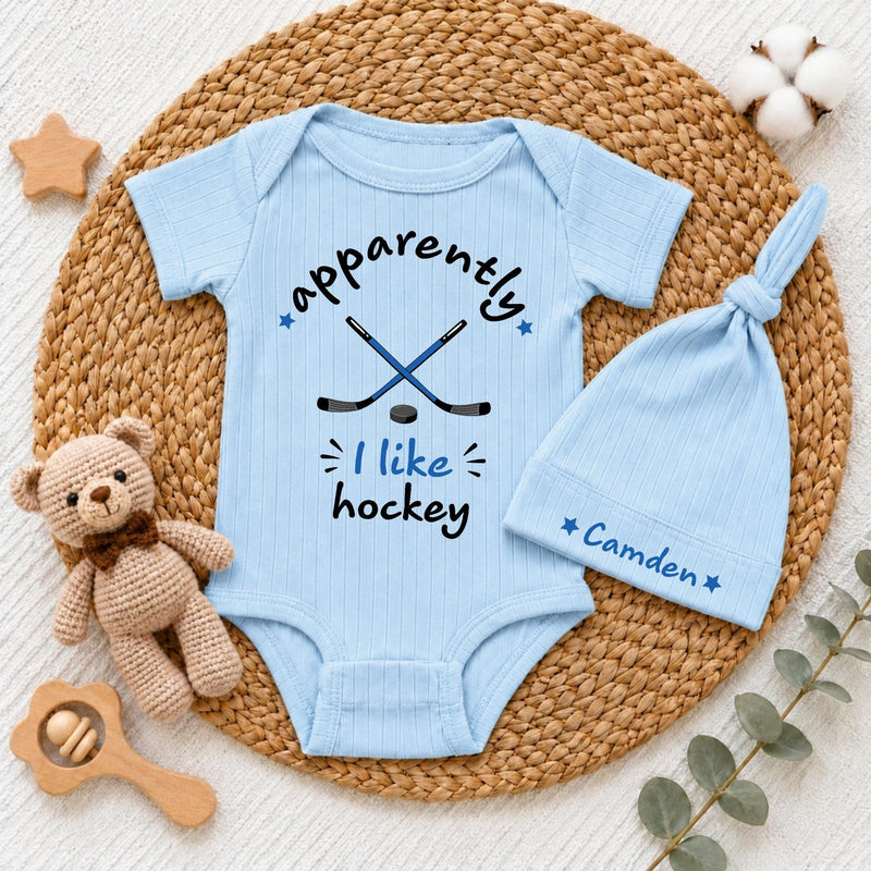 Custom Pink Baby Bodysuit and Hat Set with 'Apparently I Like Hockey' Quote, Soft Cotton Newborn Outfit for Baby Shower or Coming Home