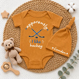 Custom Pink Baby Bodysuit and Hat Set with 'Apparently I Like Hockey' Quote, Soft Cotton Newborn Outfit for Baby Shower or Coming Home