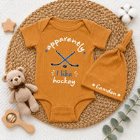 Custom Pink Baby Bodysuit and Hat Set with 'Apparently I Like Hockey' Quote, Soft Cotton Newborn Outfit for Baby Shower or Coming Home