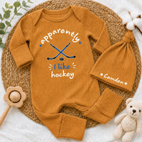 Custom Pink Baby Bodysuit and Hat Set with 'Apparently I Like Hockey' Quote, Soft Cotton Newborn Outfit for Baby Shower or Coming Home