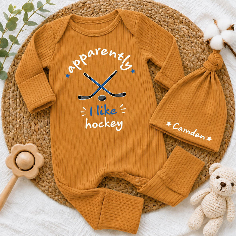 Custom Pink Baby Bodysuit and Hat Set with 'Apparently I Like Hockey' Quote, Soft Cotton Newborn Outfit for Baby Shower or Coming Home
