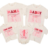Custom Pink Bow 1st Birthday Matching Family Shirts, Soft Cotton Outfits for Mom, Dad, Siblings & Baby, Personalized for Special Day