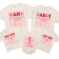 Custom Pink Bow 1st Birthday Matching Family Shirts, Soft Cotton Outfits for Mom, Dad, Siblings & Baby, Personalized for Special Day