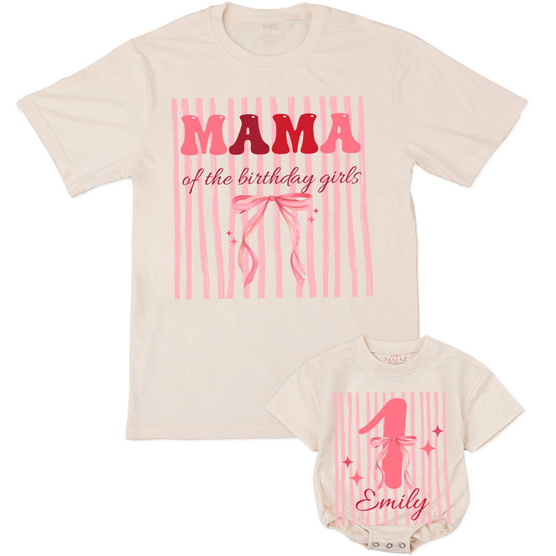 Custom Pink Bow 1st Birthday Matching Family Shirts, Soft Cotton Outfits for Mom, Dad, Siblings & Baby, Personalized for Special Day