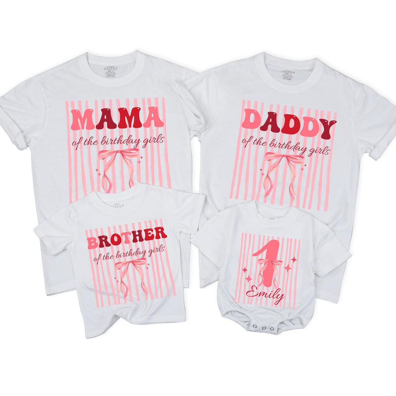 Custom Pink Bow 1st Birthday Matching Family Shirts, Soft Cotton Outfits for Mom, Dad, Siblings & Baby, Personalized for Special Day