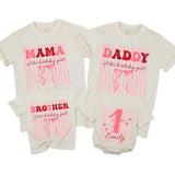 Custom Pink Bow 1st Birthday Matching Family Shirts, Soft Cotton Outfits for Mom, Dad, Siblings & Baby, Personalized for Special Day