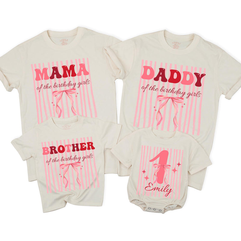 Custom Pink Bow 1st Birthday Matching Family Shirts, Soft Cotton Outfits for Mom, Dad, Siblings & Baby, Personalized for Special Day