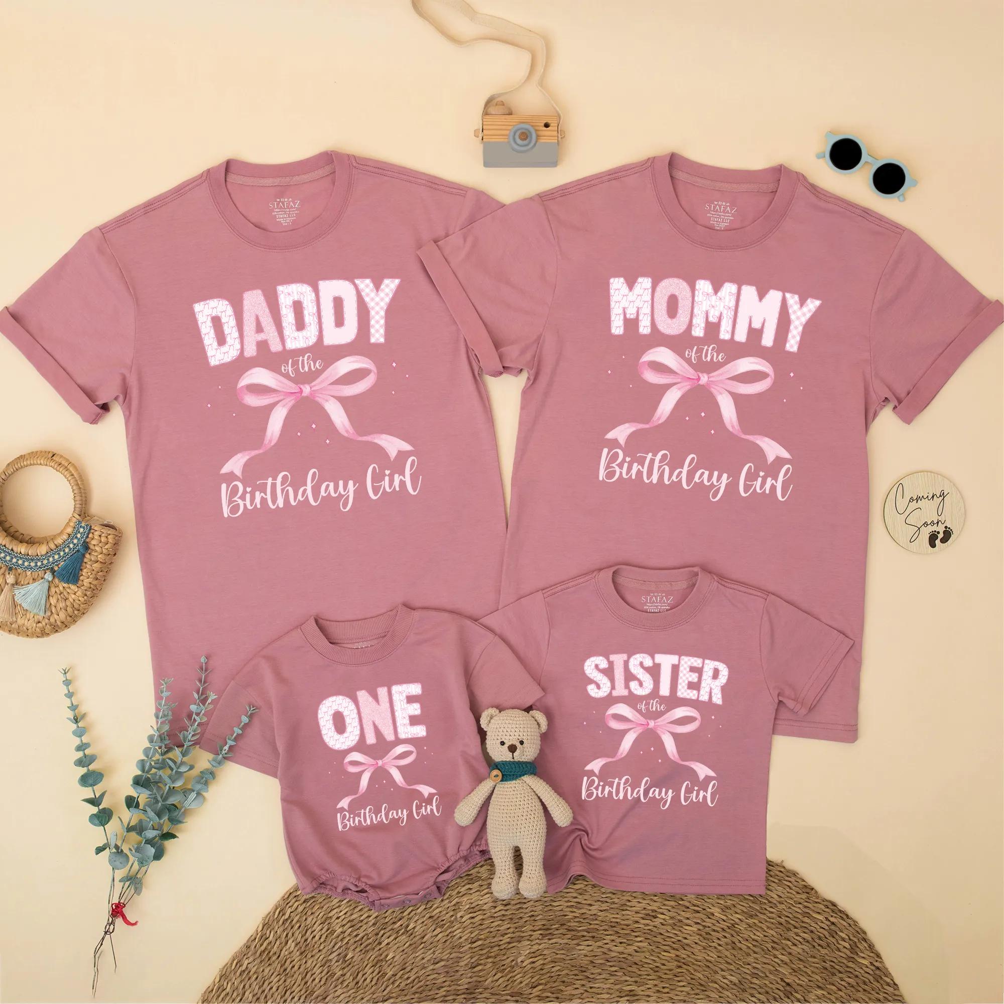 Custom Pink Bow First Birthday Matching Family Shirts for Mom Dad Sister, Birthday Girl Outfit with Soft Cotton Feminine Design Gift