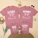 Custom Pink Bow First Birthday Matching Family Shirts for Mom Dad Sister, Birthday Girl Outfit with Soft Cotton Feminine Design Gift
