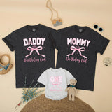 Custom Pink Bow First Birthday Matching Family Shirts for Mom Dad Sister, Birthday Girl Outfit with Soft Cotton Feminine Design Gift