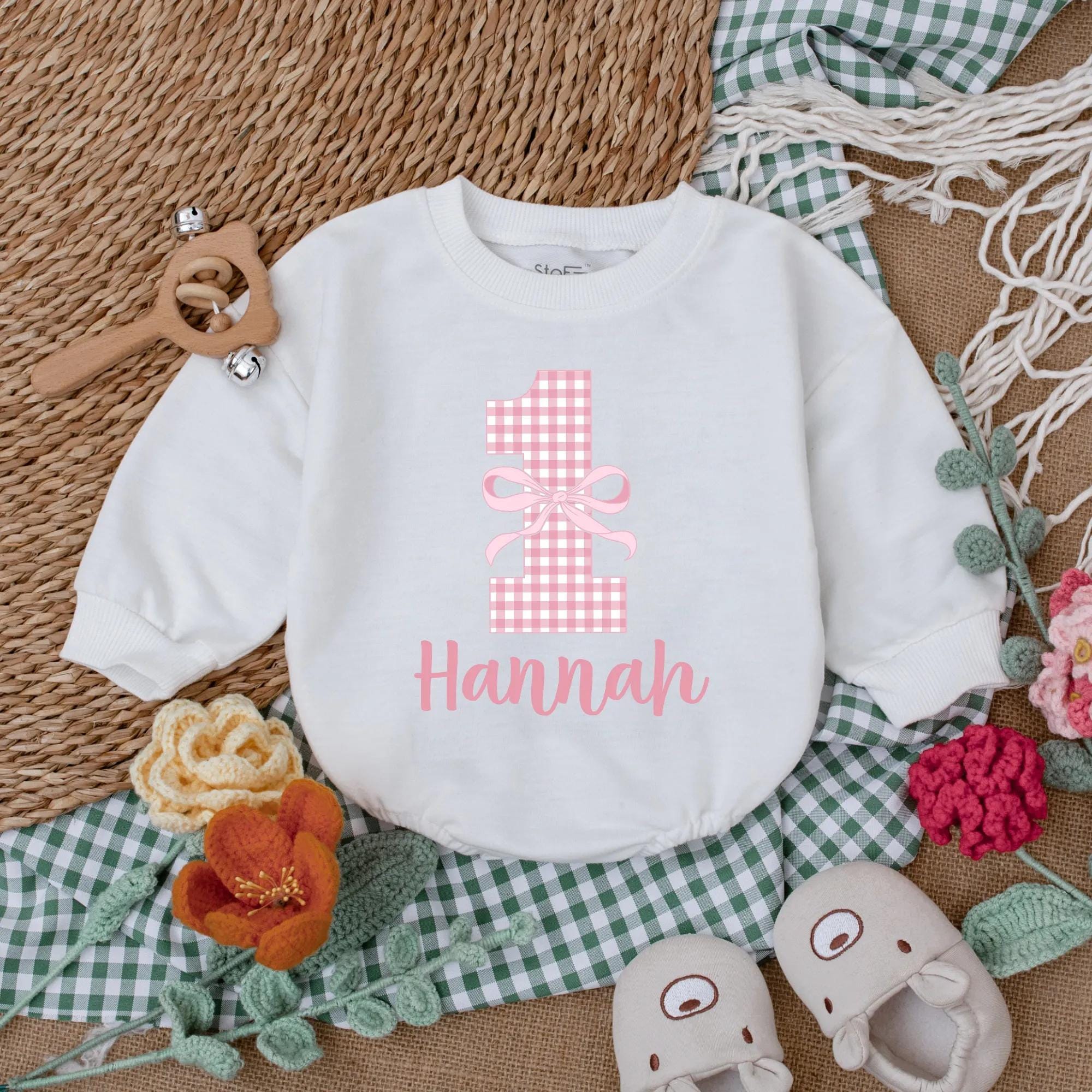 Custom Pink Checkered Number One Birthday Romper with Bow Personalized Baby Girl Outfit Soft Cotton First Birthday Celebration Gift