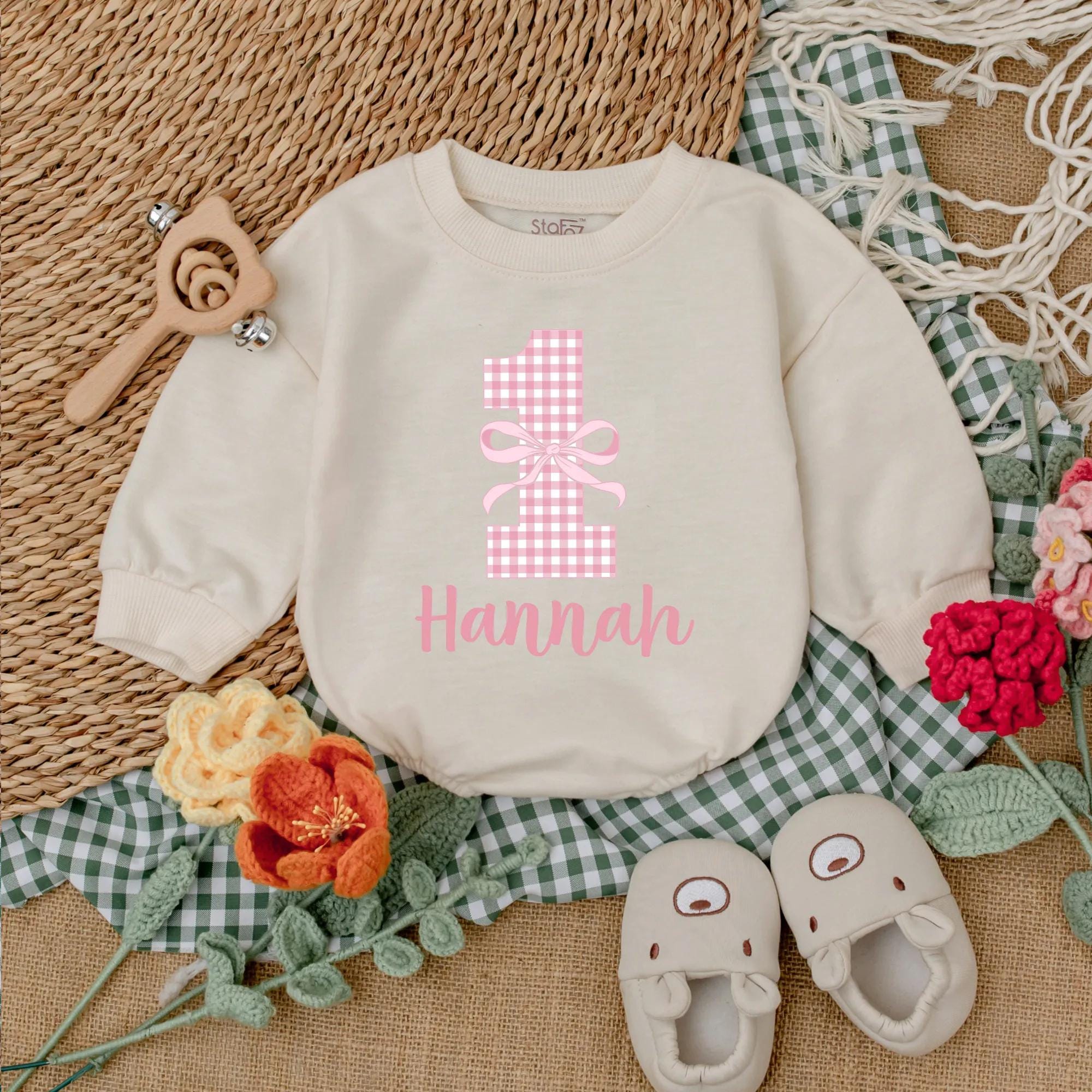 Custom Pink Checkered Number One Birthday Romper with Bow Personalized Baby Girl Outfit Soft Cotton First Birthday Celebration Gift