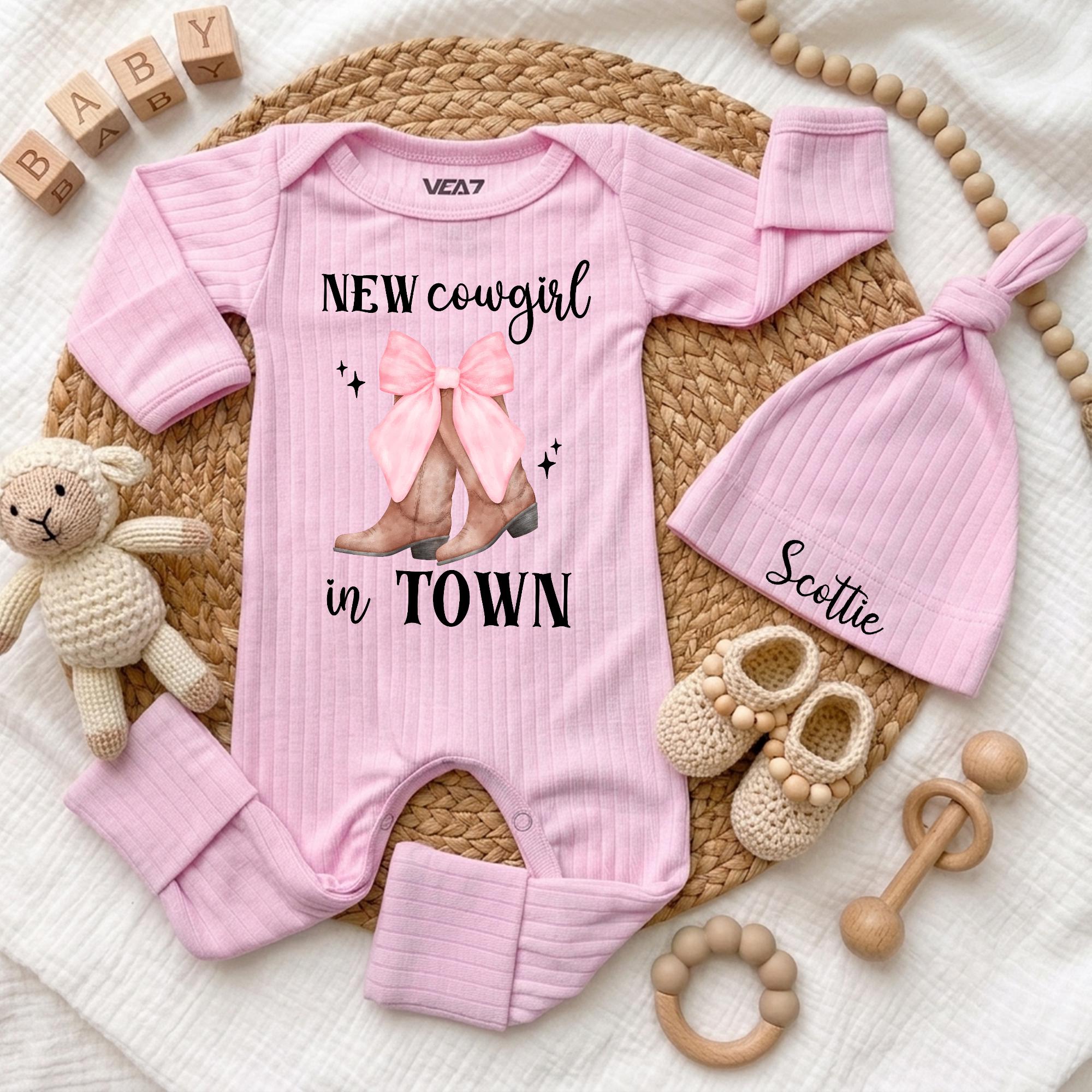 Custom Pink Cowgirl Baby Bodysuit and Hat Set with Boots Graphic, New Cowgirl in Town Text, Soft Cotton Coming Home Outfit, Baby Gift