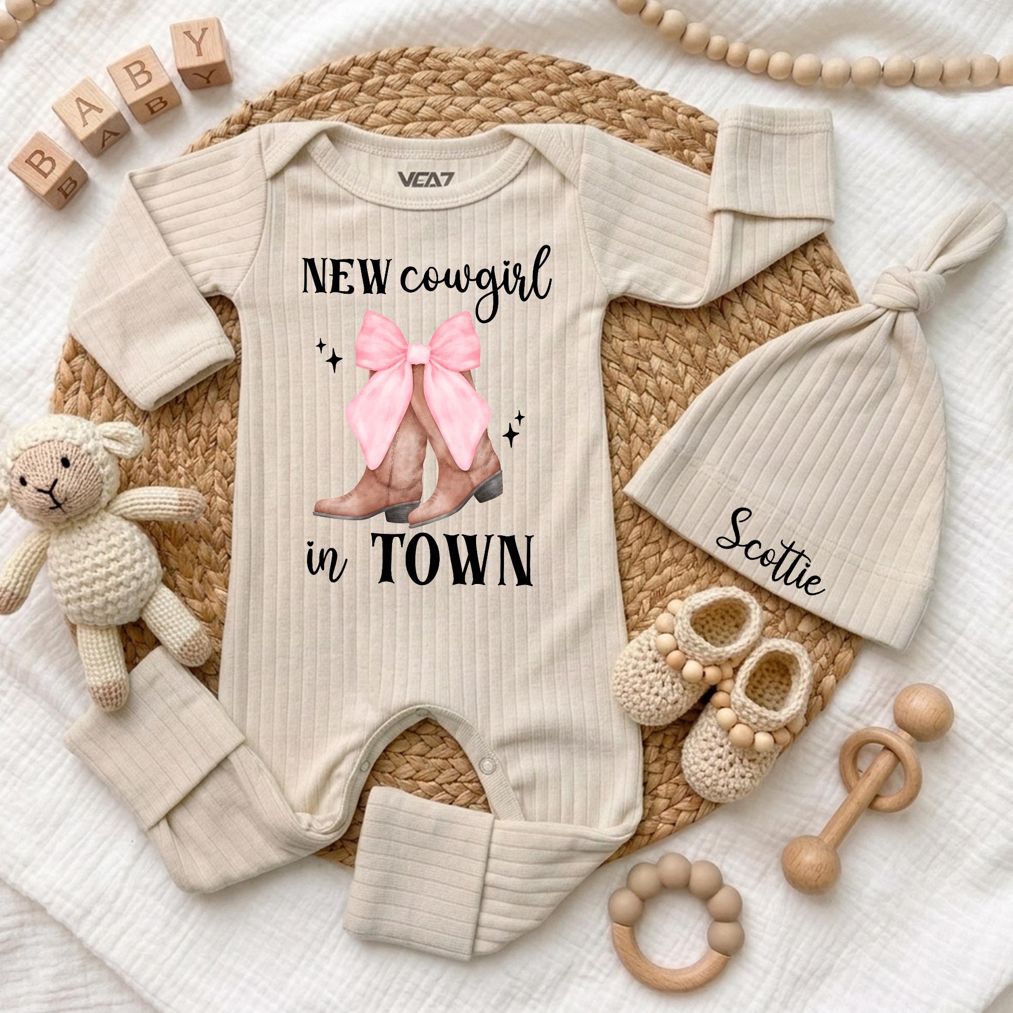 Custom Pink Cowgirl Baby Bodysuit and Hat Set with Boots Graphic, New Cowgirl in Town Text, Soft Cotton Coming Home Outfit, Baby Gift