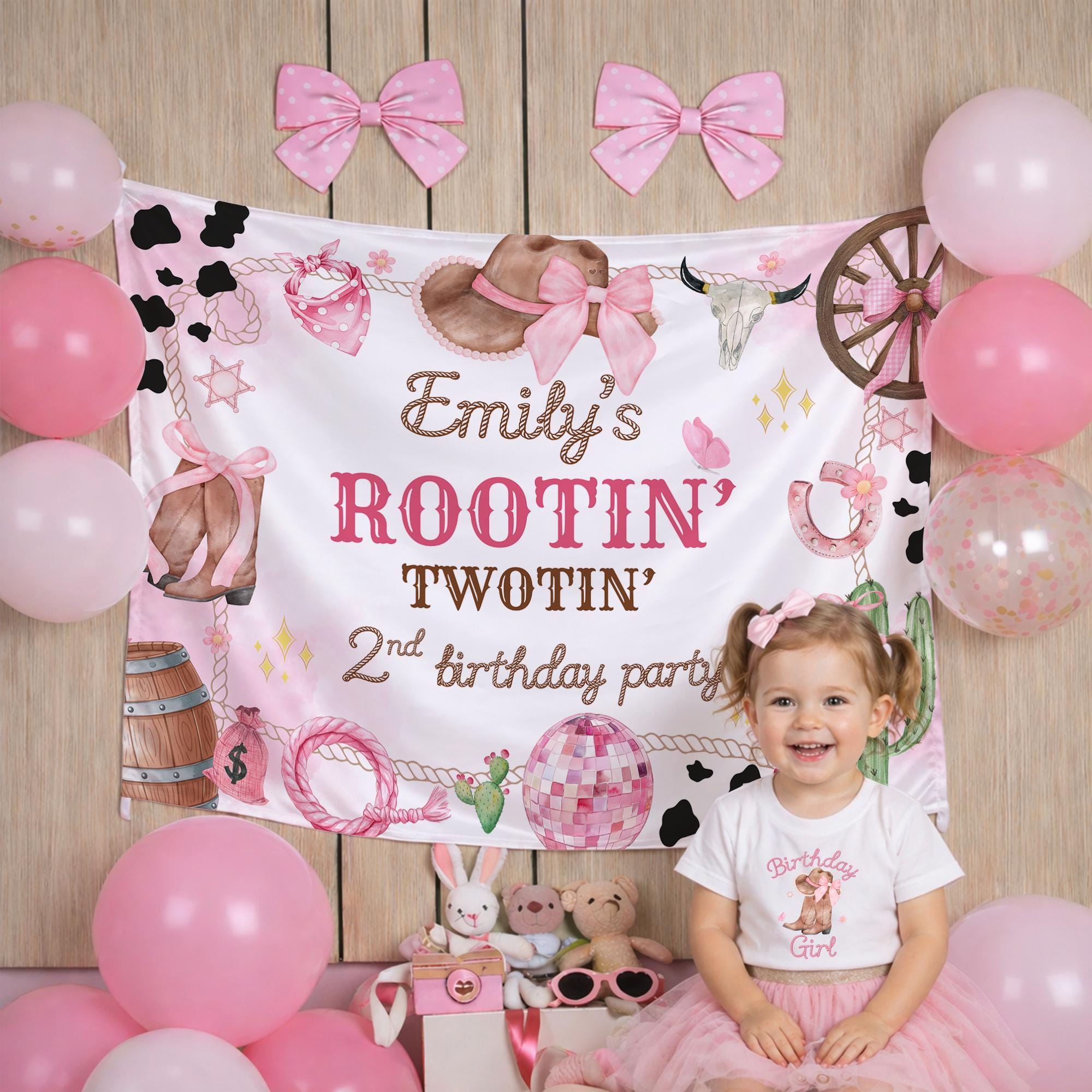 Custom Pink Disco Rodeo 2nd Birthday Silk Banner for Toddler Girl, Space Cowgirl Party Backdrop with Hats, Boots & Glitter Accents