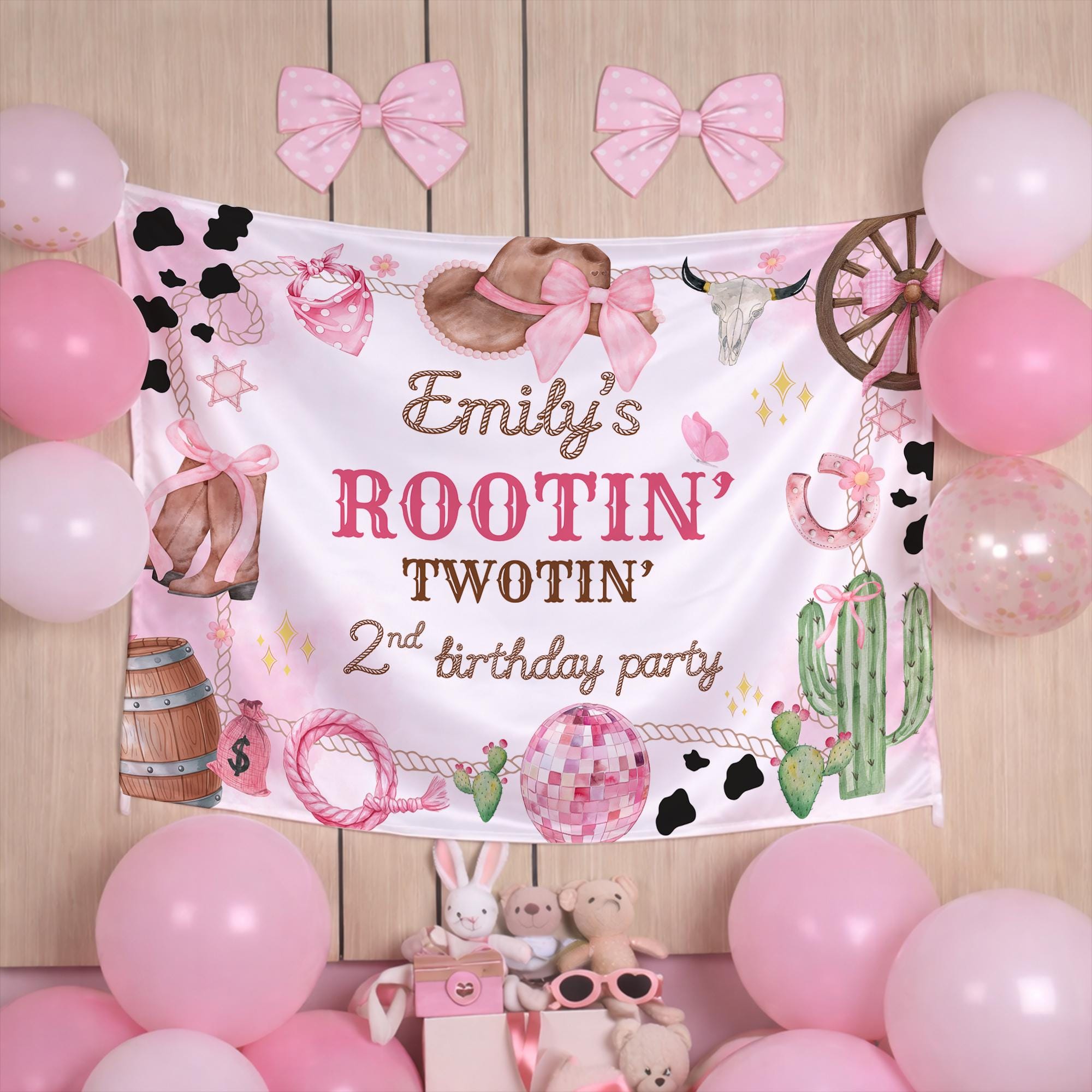 Custom Pink Disco Rodeo 2nd Birthday Silk Banner for Toddler Girl, Space Cowgirl Party Backdrop with Hats, Boots & Glitter Accents