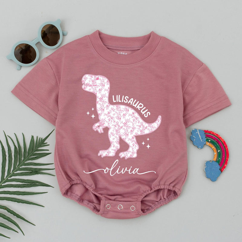 Custom Pink Floral Dinosaur Baby Romper with Name, Lilisaurus Toddler Bodysuit, Soft Cotton Long Sleeve Outfit for Baby Girl Gift