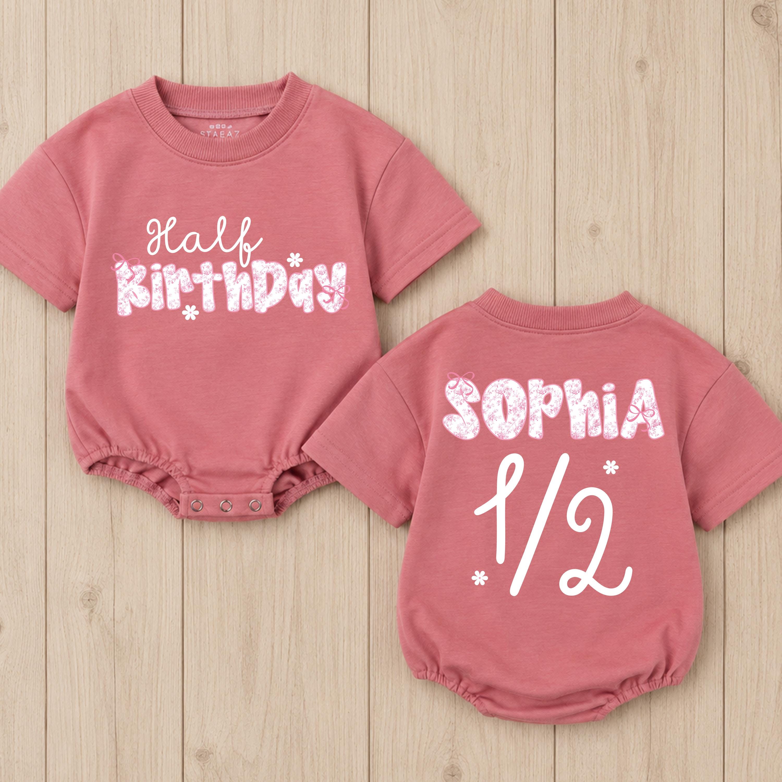 Custom Pink Floral Half Birthday Romper for Baby Girls, Soft Cotton Short Sleeve Bodysuit with Name, 6 Month Milestone Outfit Gift