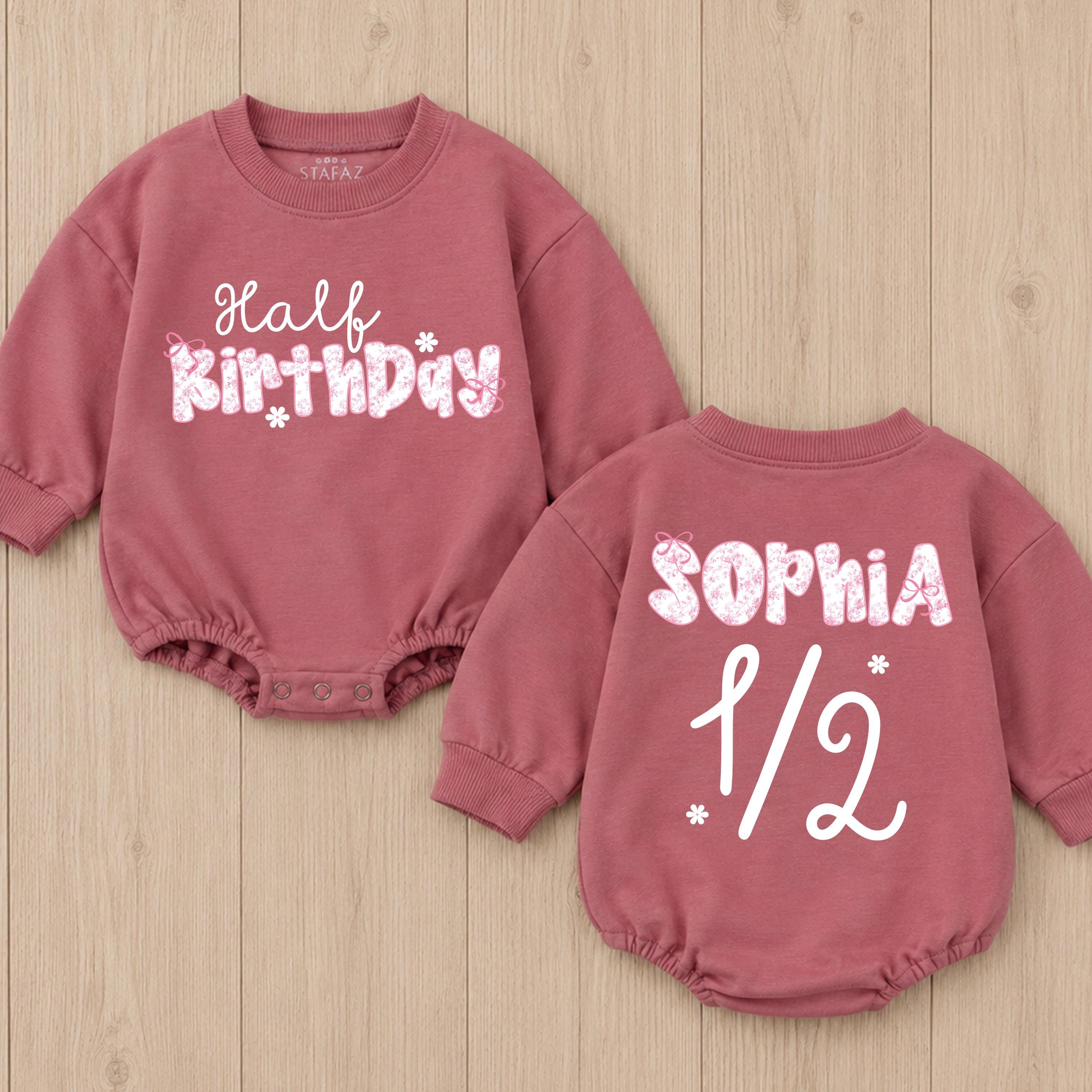 Custom Pink Floral Half Birthday Romper for Baby Girls, Soft Cotton Short Sleeve Bodysuit with Name, 6 Month Milestone Outfit Gift