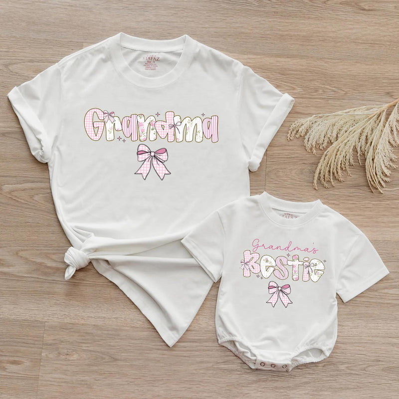 Custom Pink Grandma & Baby Matching Shirt Set with Floral Bow Artwork, Soft Cotton Romper & T-Shirt Perfect for Gifts or Photoshoots
