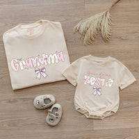 Custom Pink Grandma & Baby Matching Shirt Set with Floral Bow Artwork, Soft Cotton Romper & T-Shirt Perfect for Gifts or Photoshoots