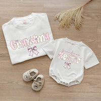 Custom Pink Grandma & Baby Matching Shirt Set with Floral Bow Artwork, Soft Cotton Romper & T-Shirt Perfect for Gifts or Photoshoots