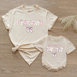 Custom Pink Grandma & Baby Matching Shirt Set with Floral Bow Artwork, Soft Cotton Romper & T-Shirt Perfect for Gifts or Photoshoots