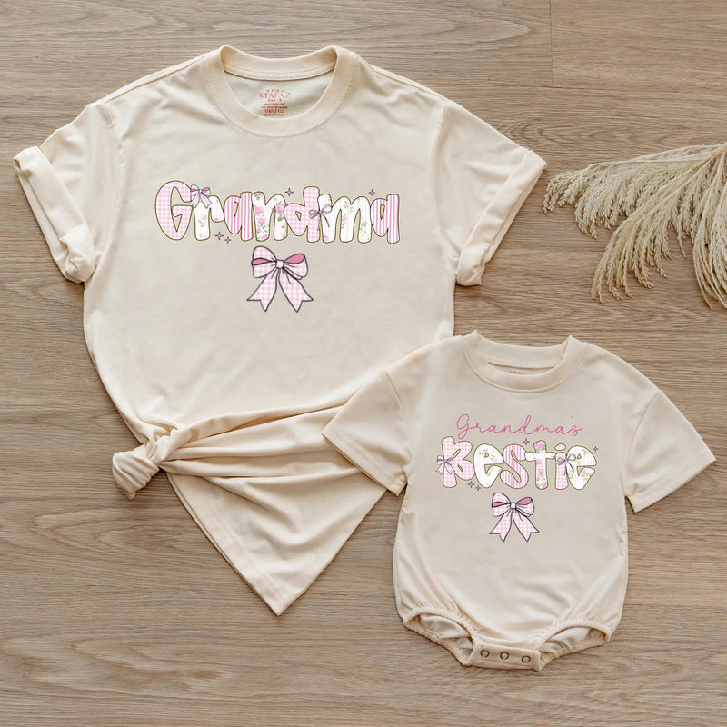 Custom Pink Grandma & Baby Matching Shirt Set with Floral Bow Artwork, Soft Cotton Romper & T-Shirt Perfect for Gifts or Photoshoots