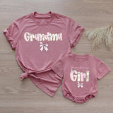 Custom Pink Grandma & Baby Matching Shirt Set with Floral Bow Artwork, Soft Cotton Romper & T-Shirt Perfect for Gifts or Photoshoots