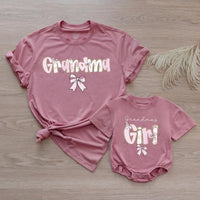 Custom Pink Grandma & Baby Matching Shirt Set with Floral Bow Artwork, Soft Cotton Romper & T-Shirt Perfect for Gifts or Photoshoots
