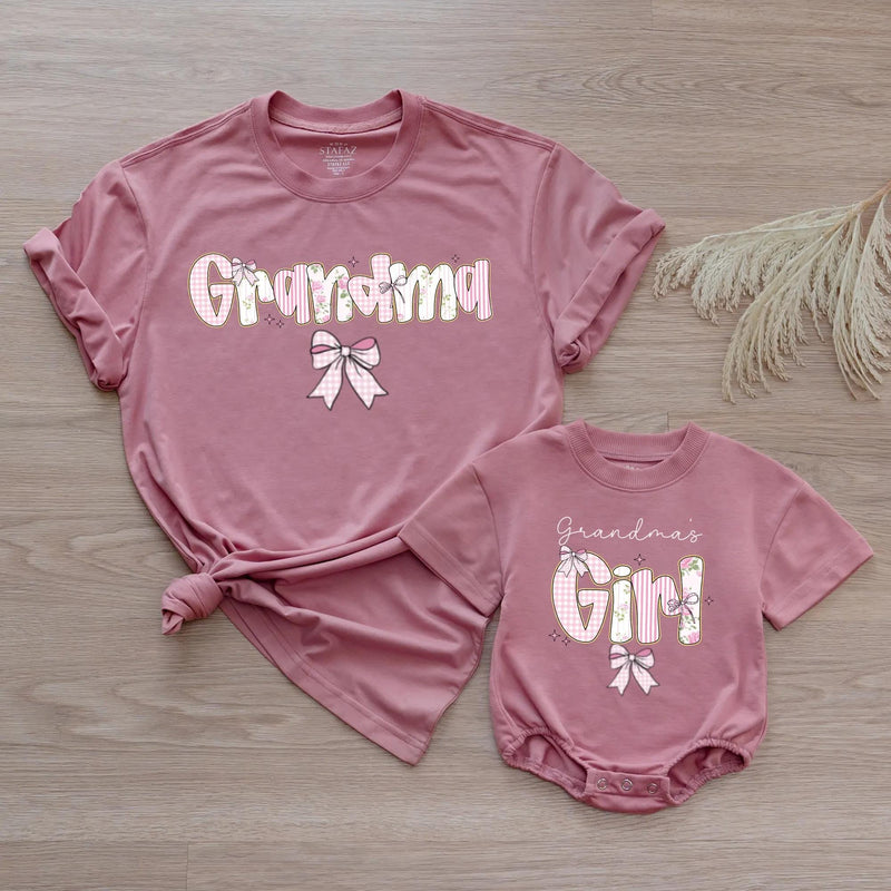 Custom Pink Grandma & Baby Matching Shirt Set with Floral Bow Artwork, Soft Cotton Romper & T-Shirt Perfect for Gifts or Photoshoots