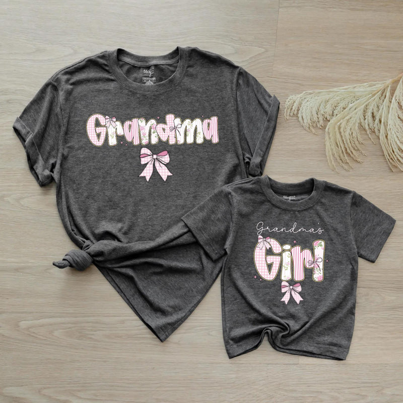 Custom Pink Grandma & Baby Matching Shirt Set with Floral Bow Artwork, Soft Cotton Romper & T-Shirt Perfect for Gifts or Photoshoots