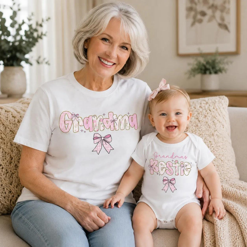 Custom Pink Grandma & Baby Matching Shirt Set with Floral Bow Artwork, Soft Cotton Romper & T-Shirt Perfect for Gifts or Photoshoots